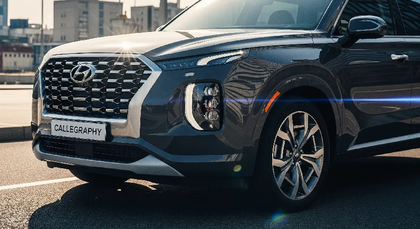 Ultra-bright and stylish 2026 Hyundai Palisade Calligraphy showcasing glossy exterior, LED headlights, and signature Calligraphy badge from a dynamic front-side angle