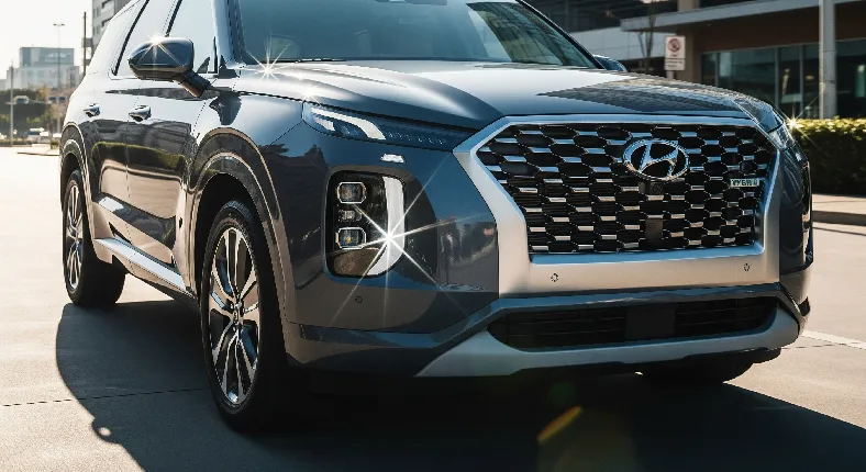 Ultra-bright and stylish 2026 Hyundai Palisade Hybrid showcasing glossy exterior, LED headlights, and hybrid badge from a dynamic front-side angle