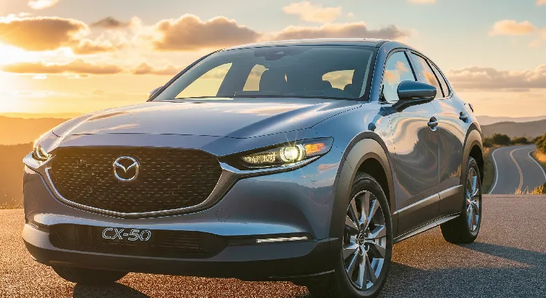 Bright and stylish 2026 Mazda CX-50 Hybrid showcasing glossy exterior, LED headlights, and hybrid badge from a front-side angle