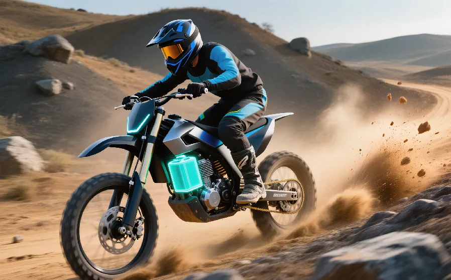 High-performance electric dirt bike for adults riding over rugged off-road terrain with dust flying, highlighting sleek design, powerful motor, and large battery.