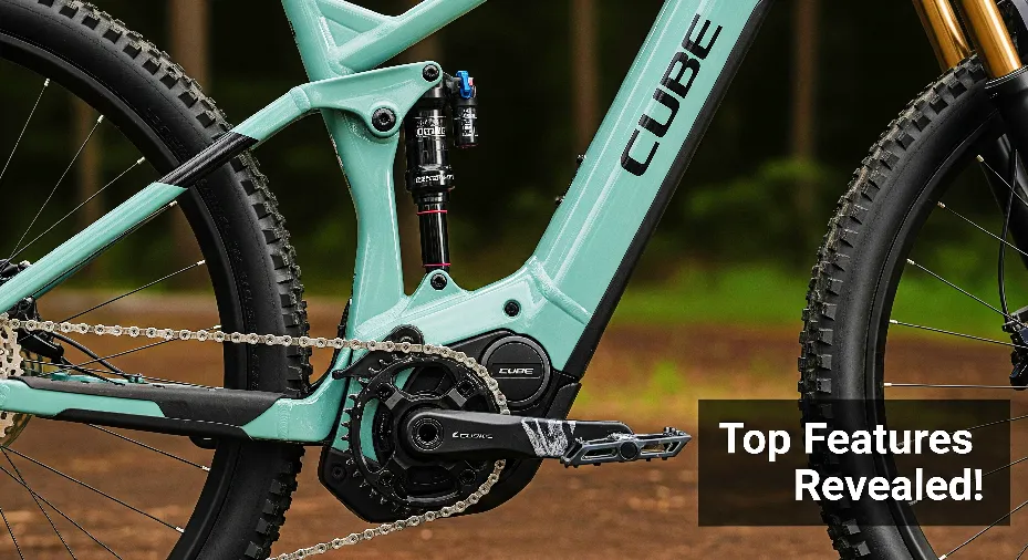 Close-up of Cube Hybrid Reaction bike showcasing frame, gears, battery, and suspension details without any rider