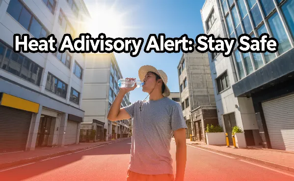 Person staying hydrated under extreme heat with sun and heat advisory graphics in the background.