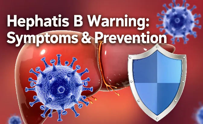 Illustration of hepatitis B virus with human liver, highlighting symptoms and prevention measures.