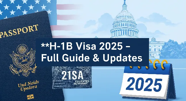 H1B Visa 2025 guide thumbnail showing U.S. passport with visa stamp, Capitol building, calendar marked 2025 and bold headline text ‘H-1B Visa 2025 – Full Guide & Updates