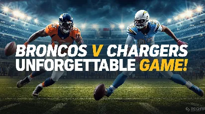 Intense NFL action between Denver Broncos and Los Angeles Chargers players on the field under stadium lights — Broncos vs Chargers highlights.