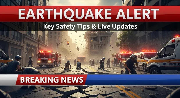 Earthquake alert thumbnail showing cracked streets, emergency responders, and bold red breaking news text