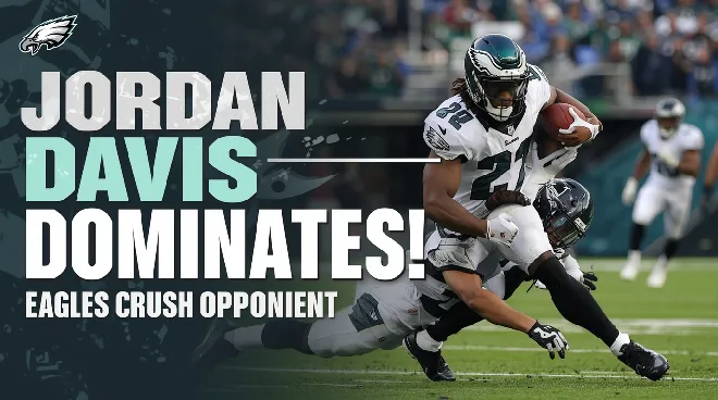 Jordan Davis dominating on the football field, tackling an opponent with stadium background, showcasing Eagles victory