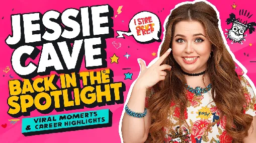 Jessie Cave back in the spotlight, candid pose with elements representing comedy, illustration, and social media buzz