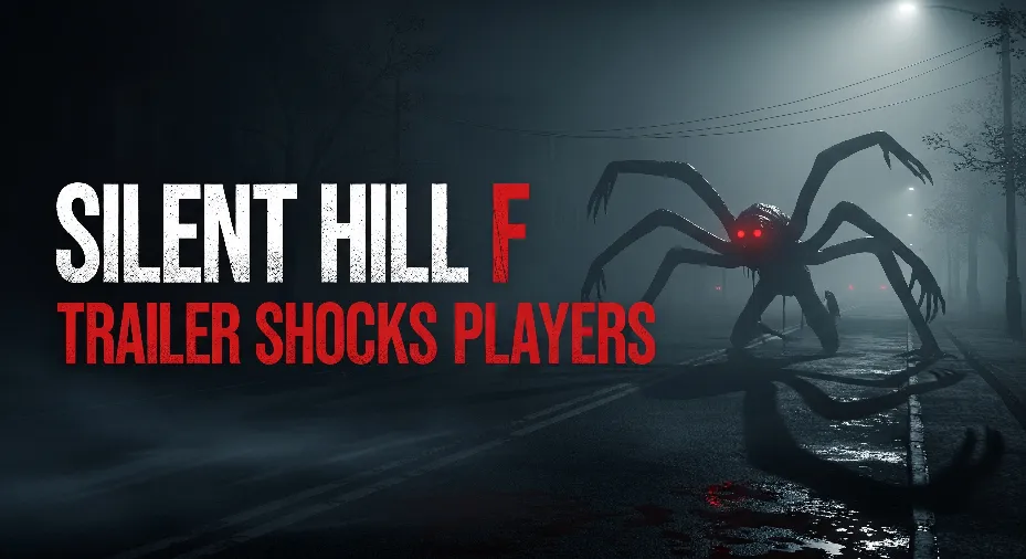 Terrifying scene from Silent Hill F with foggy street, eerie shadows, and grotesque creature, representing horror game trailer