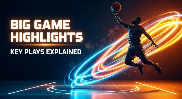 Basketball player silhouette making a jump shot with motion streaks, representing big game highlights and key plays.