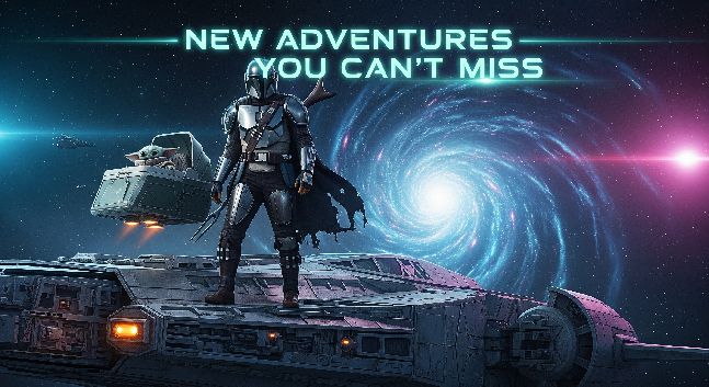 Mandalorian and Grogu standing together in a new Star Wars adventure with dramatic space background.