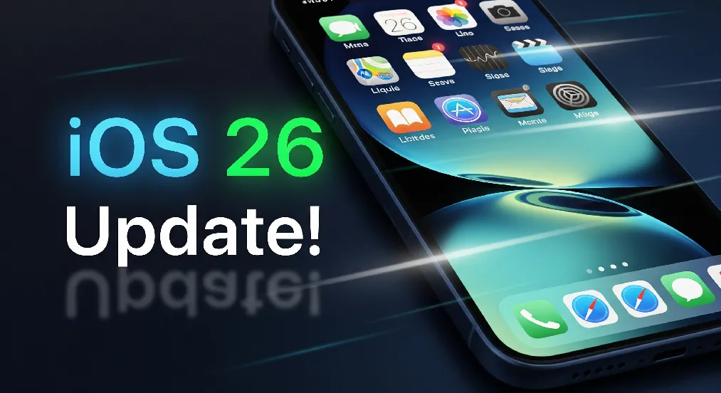 iPhone showing iOS 26 Liquid Glass interface with glowing neon blue and green highlights and bold text saying ‘iOS 26 Update!