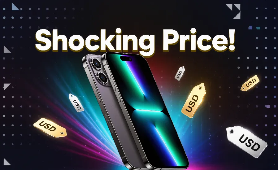 iPhone 17 Pro Max with glowing USD price tags and text 'Shocking Price!' on a bright, modern tech background
