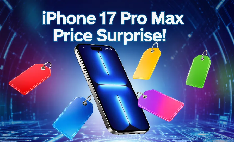 iPhone 17 Pro Max with global price tags and tech-inspired background showing price surprise.