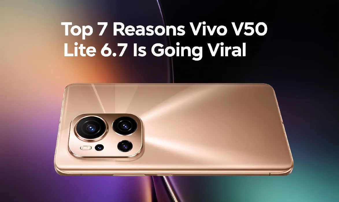 Back view of Vivo V50 Lite 6.7 smartphone showing authentic dual-camera design with Aura LED ring flash and stylish color finish on gradient background